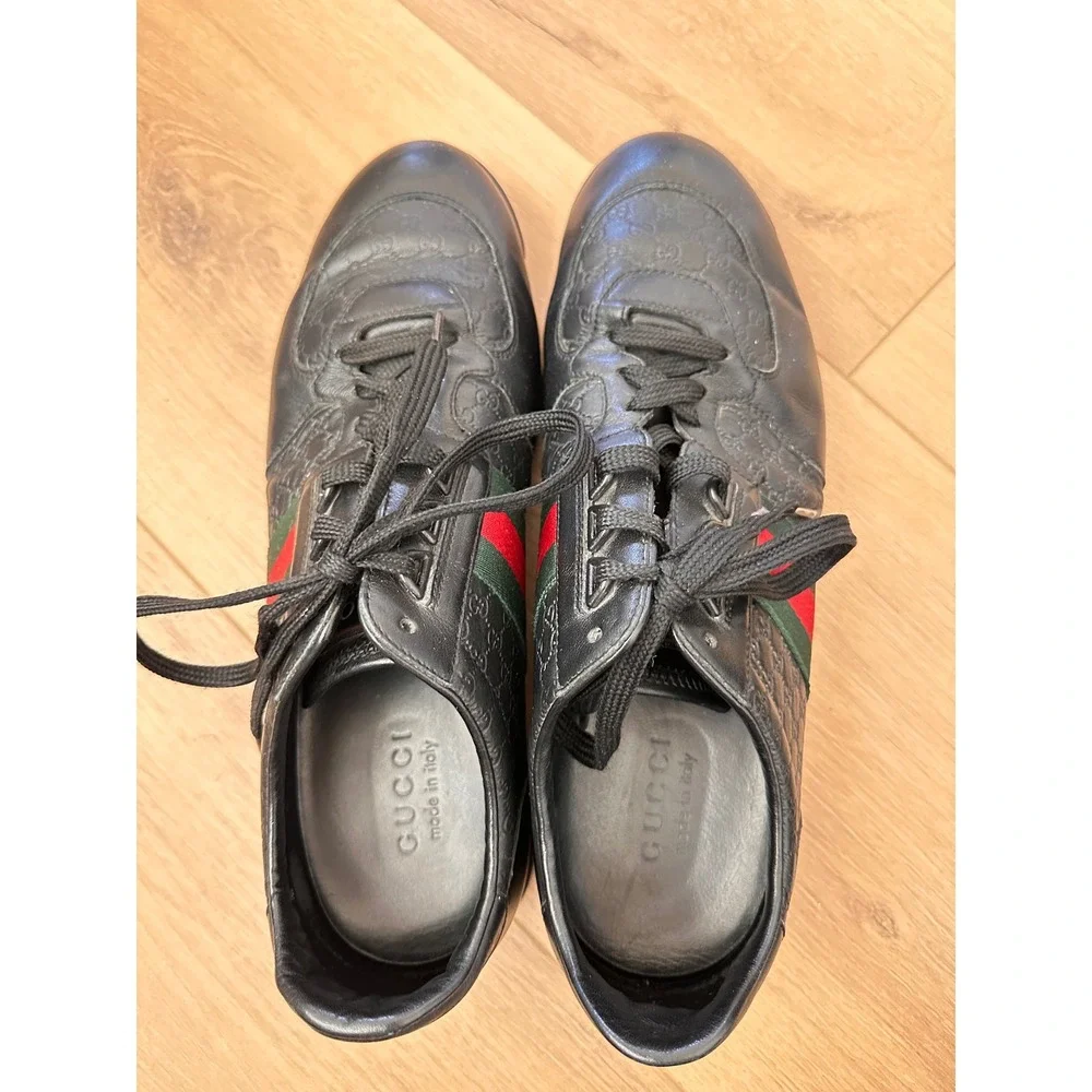 Gucci Mens Black Guccissima Leather Web Stripe Low Top Sneakers size 10